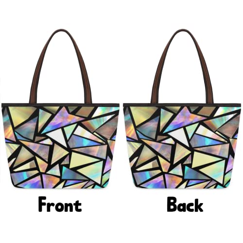 Geometric Colorful Large Totes Top Handle Purse Women Shoulder Bag, Modern Geometrical Tote Bag with Zipper Handbag for Travel School Girls