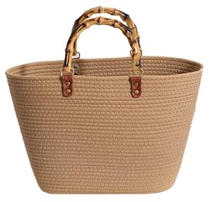 women straw large tote bag retro bamboo handle strip beach handbag summer woven handmade elegant travel purse