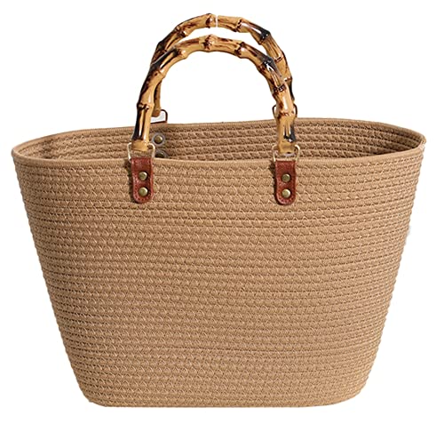 Women Straw Large Tote Bag Retro Bamboo Handle Strip Beach Handbag Summer Woven Handmade Elegant Travel Purse