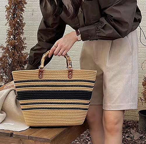 Women Straw Large Tote Bag Retro Bamboo Handle Strip Beach Handbag Summer Woven Handmade Elegant Travel Purse