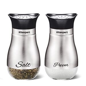 salt and pepper shakers set – kitexpert stainless steel salt shakers for kitchen – glass bottom spice dispenser & modern kitchen accessories set (4 oz)