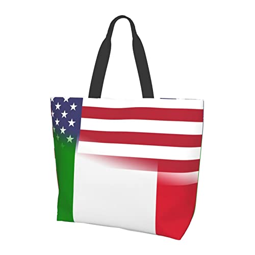 American Flag And Italian Flag Tote Storage Bag Women'S Big Capacity Shopping Shoulder Bag With Inner Pocket