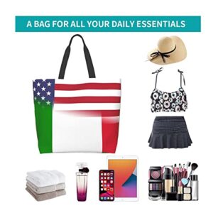 American Flag And Italian Flag Tote Storage Bag Women'S Big Capacity Shopping Shoulder Bag With Inner Pocket