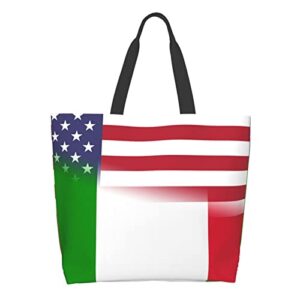 American Flag And Italian Flag Tote Storage Bag Women'S Big Capacity Shopping Shoulder Bag With Inner Pocket