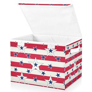 oyihfvs american patriotic blue stars red stripes independence memorial foldable cube storage basket collapsible fabric with lidded sturdy handles organizer box for home bedroom 16.5 x 12.6 x 11.8 in