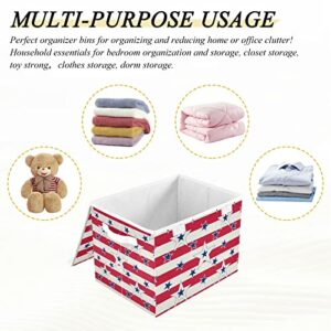 Oyihfvs American Patriotic Blue Stars Red Stripes Independence Memorial Foldable Cube Storage Basket Collapsible Fabric with Lidded Sturdy Handles Organizer Box for Home Bedroom 16.5 x 12.6 x 11.8 in