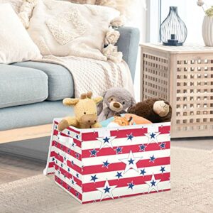 Oyihfvs American Patriotic Blue Stars Red Stripes Independence Memorial Foldable Cube Storage Basket Collapsible Fabric with Lidded Sturdy Handles Organizer Box for Home Bedroom 16.5 x 12.6 x 11.8 in