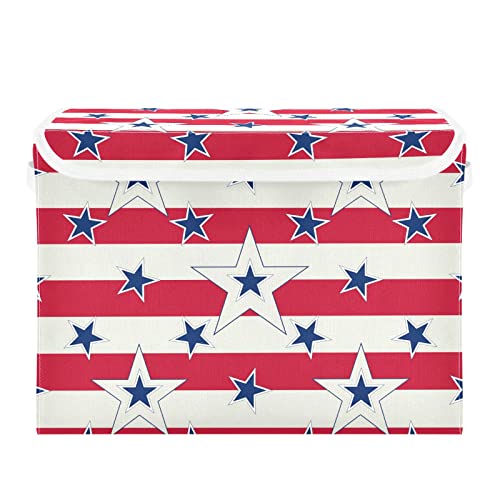 Oyihfvs American Patriotic Blue Stars Red Stripes Independence Memorial Foldable Cube Storage Basket Collapsible Fabric with Lidded Sturdy Handles Organizer Box for Home Bedroom 16.5 x 12.6 x 11.8 in