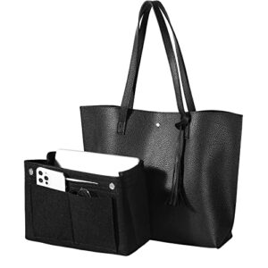 black work tote handbags for women tote purse with purse organizer pu leather tote bag large women’s tote bags and bag organizer insert with zipper pouch lining, layered storage for easy organization