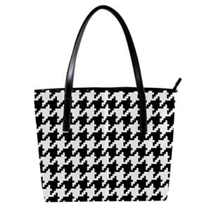 rodailycay leather handbag for women large capacity top handle satchel bucket purses shoulder bag black white houndstooth plaid pattern