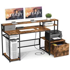ayeasy home office desk with monitor stand shelf, 66 inch large computer desk with power outlet and usb charging port, computer table with storage shelves and drawer, study work desk, rustic brown