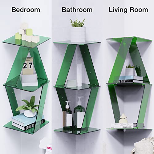 Artrak Wall-Mounted Corner Shelf, Modern Acrylic Floating Shelf, Durable & Sturdy Wall Shelf for Bedroom, Living Room, Bathroom, & Office, Decorative Wall Storage Shelf, Green