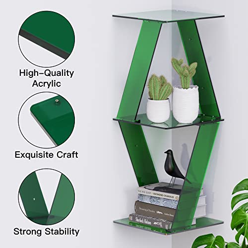 Artrak Wall-Mounted Corner Shelf, Modern Acrylic Floating Shelf, Durable & Sturdy Wall Shelf for Bedroom, Living Room, Bathroom, & Office, Decorative Wall Storage Shelf, Green