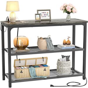 ecoprsio console table with outlets, sofa table with double mesh shelves, industrial entryway table foyer table for entryway, front hall, hallway, sofa, couch, living room, coffee bar, kitchen, grey