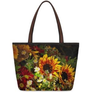 sunflower floral large totes top handle purse women shoulder bag, summer flower tote bag with zipper handbag for travel school girls