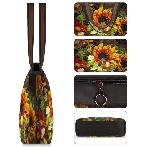 Sunflower Floral Large Totes Top Handle Purse Women Shoulder Bag, Summer Flower Tote Bag with Zipper Handbag for Travel School Girls