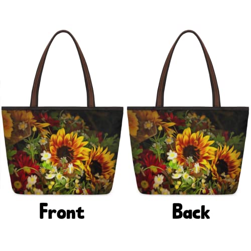 Sunflower Floral Large Totes Top Handle Purse Women Shoulder Bag, Summer Flower Tote Bag with Zipper Handbag for Travel School Girls