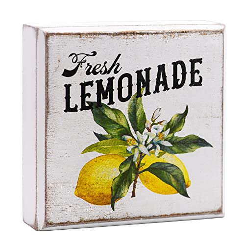 6 Inches Square Distressed White Wooden Lemon Box Sign (Fresh lemonade - yellow)