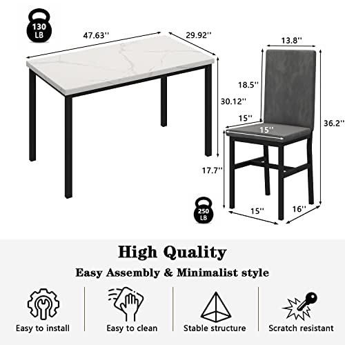 MIERE Dining Table Set for 4, 5-Piece Marble DiningTableSet with 4 Velvet Metal Frame Chairs for Kitchen, Bar, Living Room, Breakfast Nook, Small Space, 03 Gray