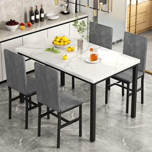 MIERE Dining Table Set for 4, 5-Piece Marble DiningTableSet with 4 Velvet Metal Frame Chairs for Kitchen, Bar, Living Room, Breakfast Nook, Small Space, 03 Gray