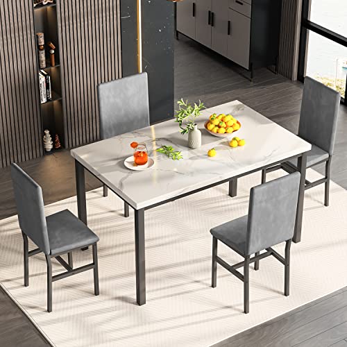 MIERE Dining Table Set for 4, 5-Piece Marble DiningTableSet with 4 Velvet Metal Frame Chairs for Kitchen, Bar, Living Room, Breakfast Nook, Small Space, 03 Gray