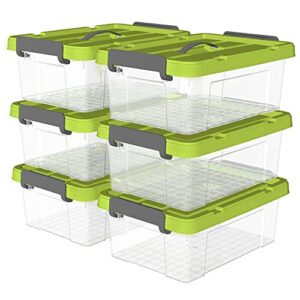 cetomo 20l*6 plastic storage box, tote box,transparent organizing container with durable green lid and secure latching buckles, stackable and nestable,6pack
