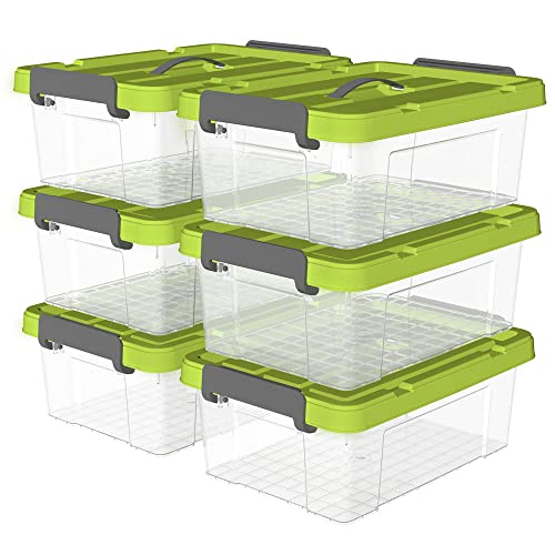 Cetomo 20L*6 Plastic Storage box, Tote box,Transparent Organizing Container with Durable green Lid and Secure Latching Buckles, Stackable and Nestable,6Pack