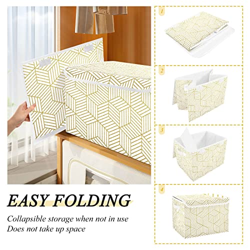 Oyihfvs Gold Abstract Geometric Cubes Foldable Cube Storage Basket Collapsible Fabric with Lidded Sturdy Handles Organizer Box for Home Bedroom 16.5 x 12.6 x 11.8 in