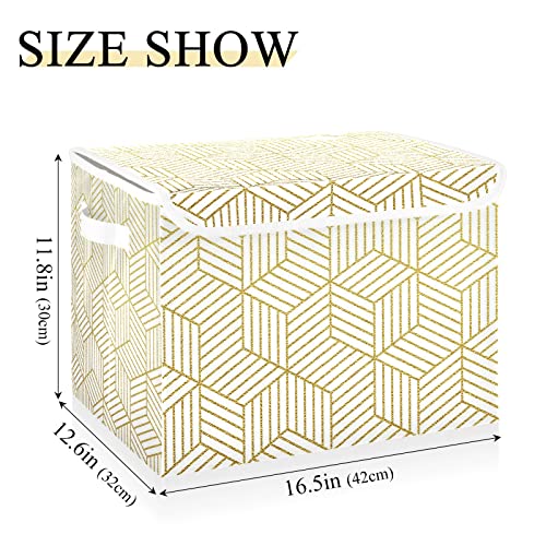 Oyihfvs Gold Abstract Geometric Cubes Foldable Cube Storage Basket Collapsible Fabric with Lidded Sturdy Handles Organizer Box for Home Bedroom 16.5 x 12.6 x 11.8 in