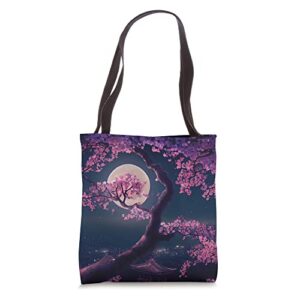 japanese cherry blossom sakura flower tree floral moon japan tote bag