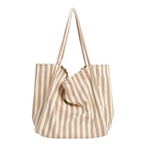 aoekaff canvas tote bag for women girl,large capacity stripey aesthetic shoulder handbags with pocket for beach travel (apricot fine stripe)