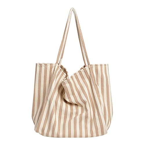 Aoekaff Canvas Tote Bag For Women Girl,Large Capacity Stripey Aesthetic Shoulder Handbags With Pocket For Beach Travel (Apricot Fine Stripe)