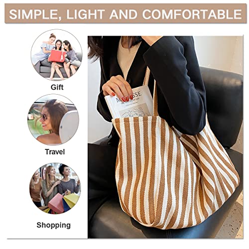 Aoekaff Canvas Tote Bag For Women Girl,Large Capacity Stripey Aesthetic Shoulder Handbags With Pocket For Beach Travel (Apricot Fine Stripe)