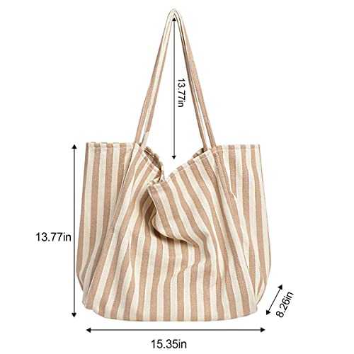 Aoekaff Canvas Tote Bag For Women Girl,Large Capacity Stripey Aesthetic Shoulder Handbags With Pocket For Beach Travel (Apricot Fine Stripe)