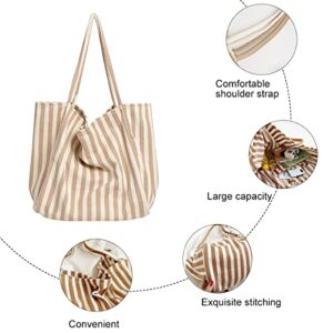 Aoekaff Canvas Tote Bag For Women Girl,Large Capacity Stripey Aesthetic Shoulder Handbags With Pocket For Beach Travel (Apricot Fine Stripe)