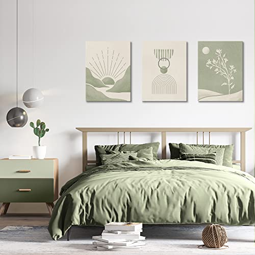Minimalist Boho Wall Art Set of 3, Abstract Wall Art Mid-Century Modern Art Print, Sage Green Neutral Geometric Canvas Artwork Posters for Living Room, Bedroom, Bathroom, Gallery, Boho Room Decor 12"x16", Framed