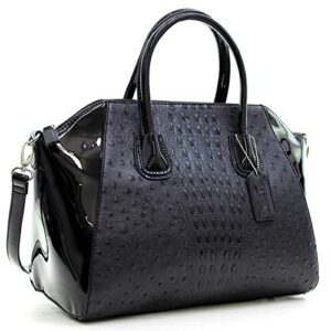 dasein pattern faux leather satchel bag women shoulder bag with removable strap (black)