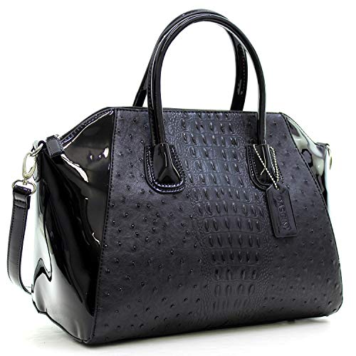 Dasein Pattern Faux Leather Satchel bag Women Shoulder bag with Removable Strap (Black)