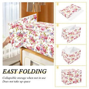 Kigai Floral White Storage Basket with Lid Collapsible Storage Bin Fabric Box Closet Organizer for Home Bedroom Office 1 Pack