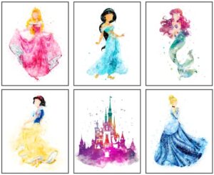 princess wall decor posters for girls room watercolor prints set of 6 unframed (8”x10”) princess wall art princess posters for girls bedroom princess nursery wall decor baby shower decorations