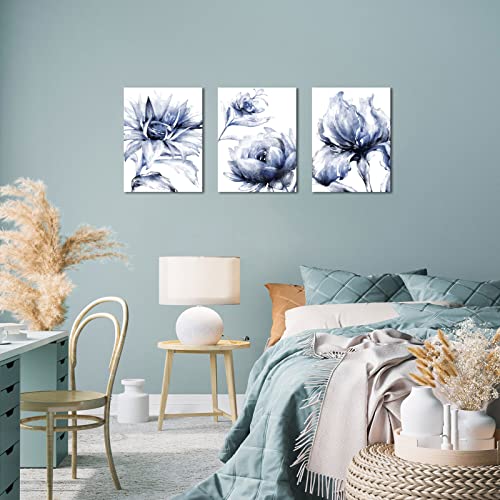 HOMEOART Blue Flower Picture Wall Decor Floral Canvas Print Bathroom Decor Wall Art Blue Elegant Flower Art Print Framed Ready to Hang (12x16inchx3 Pieces)