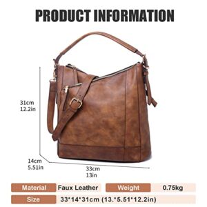 PAKFIEKS Women Multi-Pocket Shoulder Bag Ladies Large Capacity Crossbody purses Faux Leather Hobo Bags (Cognac)