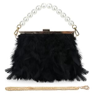goktow black feather clutches purses for women bag，pearl fluffy evening handbags for wedding anniversary party,black