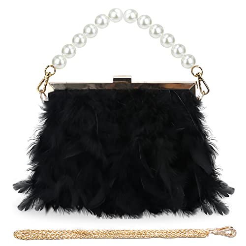 GOKTOW Black Feather Clutches Purses for Women Bag，Pearl Fluffy Evening Handbags for Wedding Anniversary Party,Black