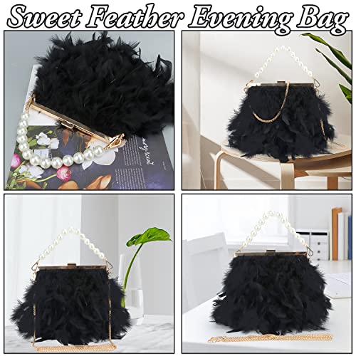 GOKTOW Black Feather Clutches Purses for Women Bag，Pearl Fluffy Evening Handbags for Wedding Anniversary Party,Black