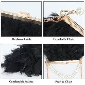 GOKTOW Black Feather Clutches Purses for Women Bag，Pearl Fluffy Evening Handbags for Wedding Anniversary Party,Black