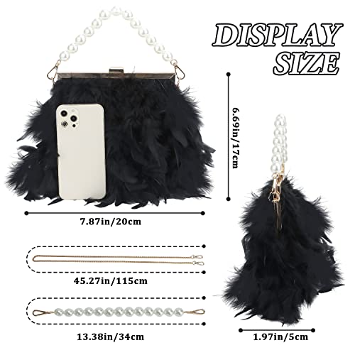 GOKTOW Black Feather Clutches Purses for Women Bag，Pearl Fluffy Evening Handbags for Wedding Anniversary Party,Black