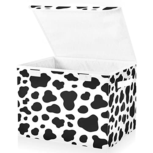 Kigai Cow Print White & Black Spot Storage Basket with Lid Collapsible Storage Bin Fabric Box Closet Organizer for Home Bedroom Office 1 Pack