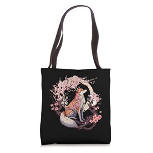 japanese fox cherry blossom flower sakura trees kawaii tote bag