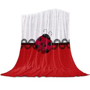 throw blanket warm soft blanket throws for sofa couch bed, valentine ladybug lace edge wave-dot texture flannel fleece bed blanket lightweight cozy plush blanket for all seasons 50×60 inches